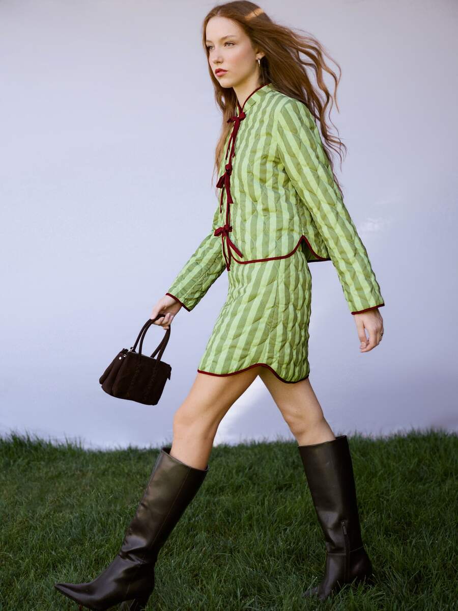 Nöista Womenswear Stripped Mini Skirt, In Combination Of Green Strippes And Contrast Hem In Burgundy,Perfect For Fall Winter,Going Out,Elevate The Outfits - Green - View 1