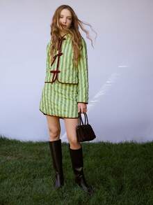 Nöista Womenswear Stripped Mini Skirt, In Combination Of Green Strippes And Contrast Hem In Burgundy,Perfect For Fall Winter,Going Out,Elevate The Outfits - Green - View 3