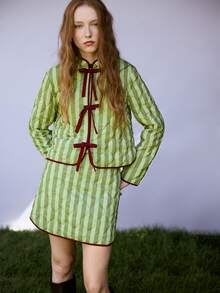 Nöista Womenswear Stripped Mini Skirt, In Combination Of Green Strippes And Contrast Hem In Burgundy,Perfect For Fall Winter,Going Out,Elevate The Outfits - Green - View 5