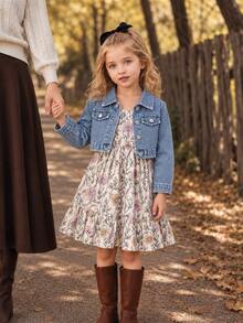 SHEIN Elladie kids 2件組少女新時尚牛仔工裝長袖夾克＋彈性腰A字分層花卉印花細肩帶洋裝套裝，休閒度假復古穿搭 - 彩色 - 查看 4