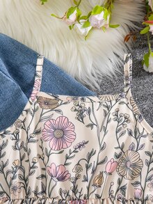 SHEIN Elladie kids 2件組少女新時尚牛仔工裝長袖夾克＋彈性腰A字分層花卉印花細肩帶洋裝套裝，休閒度假復古穿搭 - 彩色 - 查看 7