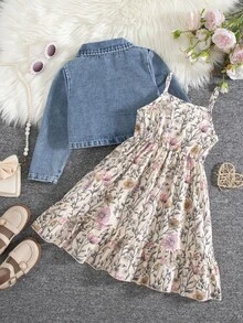 SHEIN Elladie kids 2件組少女新時尚牛仔工裝長袖夾克＋彈性腰A字分層花卉印花細肩帶洋裝套裝，休閒度假復古穿搭 - 彩色 - 查看 2
