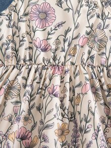 SHEIN Elladie kids 2件組少女新時尚牛仔工裝長袖夾克＋彈性腰A字分層花卉印花細肩帶洋裝套裝，休閒度假復古穿搭 - 彩色 - 查看 9