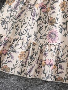 SHEIN Elladie kids 2件組少女新時尚牛仔工裝長袖夾克＋彈性腰A字分層花卉印花細肩帶洋裝套裝，休閒度假復古穿搭 - 彩色 - 查看 6