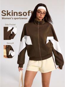 Dewbera Dewbera Sweatshirt Olahraga Wanita Lengan Panjang dengan Resleting dan Motif Blok Warna - Coklat - View 1