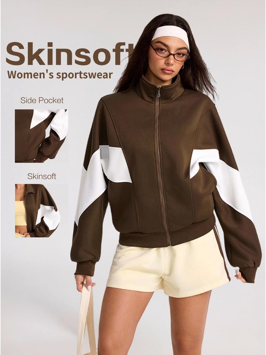 Dewbera Dewbera Sweatshirt Olahraga Wanita Lengan Panjang dengan Resleting dan Motif Blok Warna - Coklat - View 1