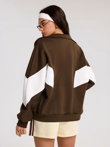 Dewbera Dewbera Sweatshirt Olahraga Wanita Lengan Panjang dengan Resleting dan Motif Blok Warna - Coklat - View 2