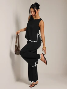 SHEIN PETITE Women's Patchwork Plant Trim Tank Top And Long Pants Casual 2 Pieces Set - Black - View 8