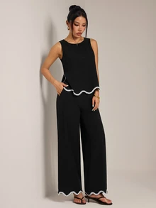 SHEIN PETITE Women's Patchwork Plant Trim Tank Top And Long Pants Casual 2 Pieces Set - Black - View 3