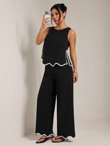 SHEIN PETITE Women's Patchwork Plant Trim Tank Top And Long Pants Casual 2 Pieces Set - Black - View 5