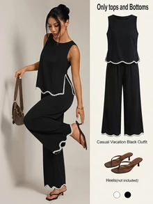 SHEIN PETITE Women's Patchwork Plant Trim Tank Top And Long Pants Casual 2 Pieces Set - Black - View 1