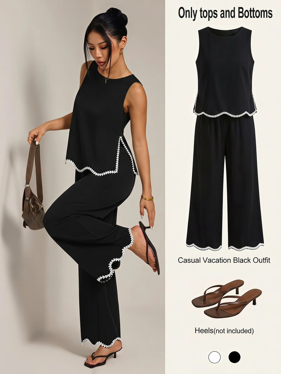 SHEIN PETITE Women's Patchwork Plant Trim Tank Top And Long Pants Casual 2 Pieces Set - Black - View 1