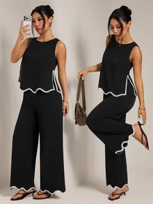 SHEIN PETITE Women's Patchwork Plant Trim Tank Top And Long Pants Casual 2 Pieces Set - Black - View 4