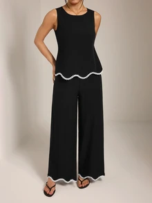 SHEIN PETITE Women's Patchwork Plant Trim Tank Top And Long Pants Casual 2 Pieces Set - Black - View 6