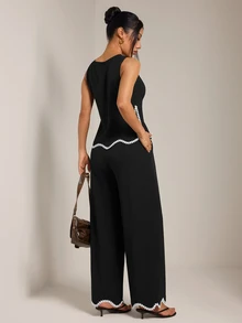 SHEIN PETITE Women's Patchwork Plant Trim Tank Top And Long Pants Casual 2 Pieces Set - Black - View 2