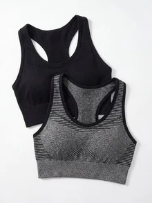 SHEIN 青少年女孩 2件組無縫運動內衣套裝，夏季返校適用，瑜伽、跑步、健身房、健身、單車運動，吸濕排汗，黑灰色運動款 - 彩色 - 查看 3