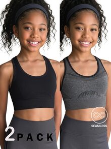 SHEIN 青少年女孩 2件組無縫運動內衣套裝，夏季返校適用，瑜伽、跑步、健身房、健身、單車運動，吸濕排汗，黑灰色運動款 - 彩色 - 查看 1