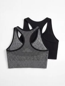 SHEIN 青少年女孩 2件組無縫運動內衣套裝，夏季返校適用，瑜伽、跑步、健身房、健身、單車運動，吸濕排汗，黑灰色運動款 - 彩色 - 查看 8