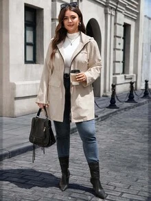 EMERY ROSE Plus Size Women's Solid Color Long Sleeve Zip-Up Casual Drawstring Hooded Jacket - Apricot - View 4
