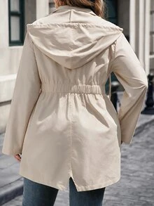 EMERY ROSE Plus Size Women's Solid Color Long Sleeve Zip-Up Casual Drawstring Hooded Jacket - Apricot - View 2