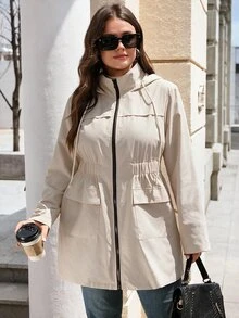 EMERY ROSE Plus Size Women's Solid Color Long Sleeve Zip-Up Casual Drawstring Hooded Jacket - Apricot - View 6