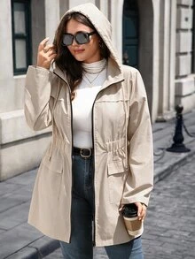 EMERY ROSE Plus Size Women's Solid Color Long Sleeve Zip-Up Casual Drawstring Hooded Jacket - Apricot - View 5