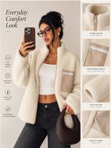 RiviMae Cream Zip-Up Sherpa Fleece Coat – Women's Cozy Winter Coat, Warm And Stylish Outerwear - Cream - View 2