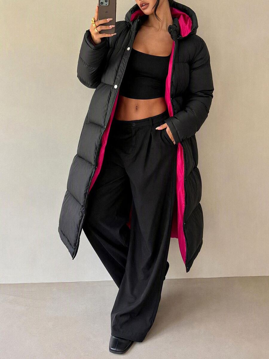 SHEIN Long Black Padded Coat With Red Lining - Black - View 1