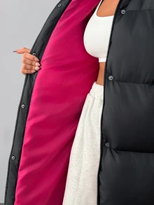 SHEIN Long Black Padded Coat With Red Lining - Black - View 14