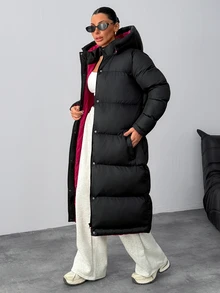 SHEIN Long Black Padded Coat With Red Lining - Black - View 8