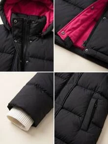 SHEIN Long Black Padded Coat With Red Lining - Black - View 12
