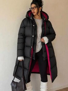 SHEIN Long Black Padded Coat With Red Lining - Black - View 3