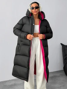 SHEIN Long Black Padded Coat With Red Lining - Black - View 10