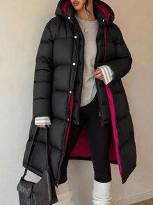 SHEIN Long Black Padded Coat With Red Lining - Black - View 2