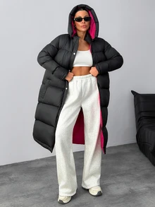 SHEIN Long Black Padded Coat With Red Lining - Black - View 9