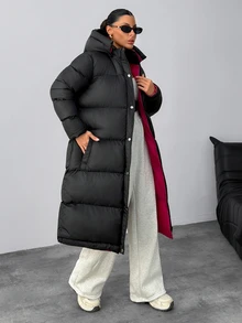 SHEIN Long Black Padded Coat With Red Lining - Black - View 7