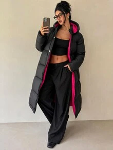 SHEIN Long Black Padded Coat With Red Lining - Black - View 4