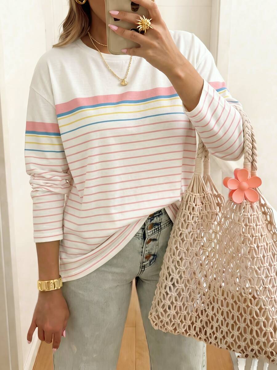 SHEIN LUNE Plus Size Women's Casual Versatile Daily Long Sleeve T-Shirt - Multicolor - View 1