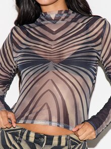 KIZN Atasan Crop Mesh Transparan Motif Geometris Abstrak dengan Kerah Tinggi dan Lengan Panjang Pas Badan untuk Malam Keluar Musim Gugur dan Musim Dingin - MultiWarna - View 5