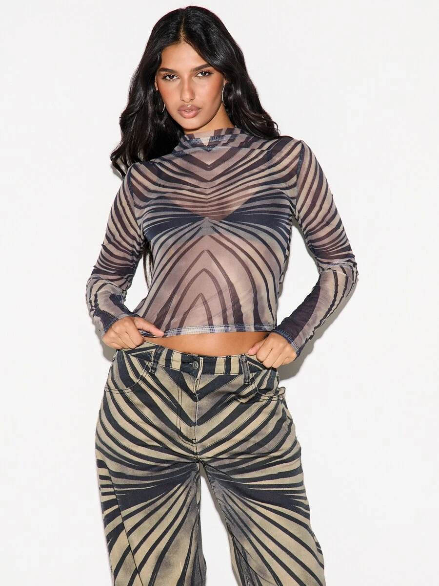KIZN Atasan Crop Mesh Transparan Motif Geometris Abstrak dengan Kerah Tinggi dan Lengan Panjang Pas Badan untuk Malam Keluar Musim Gugur dan Musim Dingin - MultiWarna - View 1
