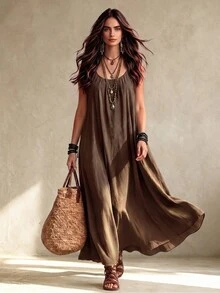 INAWLY Plus Size Women Open Back Loose Casual Tank Dress - Coffee Brown - View 1