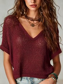 LUMIGAL Women's Solid Color V-Neck Short Sleeve Hollow Out Casual Knit Top - Burgundy - View 1