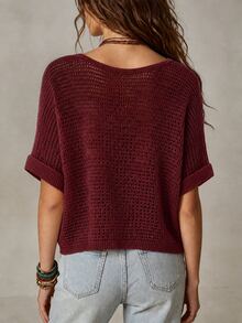 LUMIGAL Women's Solid Color V-Neck Short Sleeve Hollow Out Casual Knit Top - Burgundy - View 2