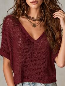 LUMIGAL Women's Solid Color V-Neck Short Sleeve Hollow Out Casual Knit Top - Burgundy - View 3