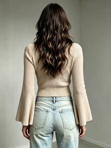 Trelyra Sweater Lengan Lonceng Warna Polos Serbaguna Kasual untuk Wanita - Khaki - View 3