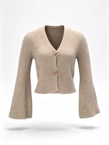 Trelyra Sweater Lengan Lonceng Warna Polos Serbaguna Kasual untuk Wanita - Khaki - View 6