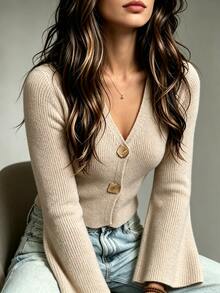 Trelyra Sweater Lengan Lonceng Warna Polos Serbaguna Kasual untuk Wanita - Khaki - View 1