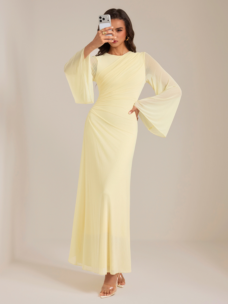 SHEIN Tall Gaun Maxi Lengan Panjang Warna Kuning Gaya Muslim Pas Badan dengan Detail Kerutan - Elegan dan Cocok untuk Bekerja. - Kuning muda - View 5