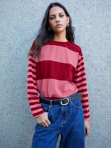 Nöista Color Block Striped T Shirt. Fall Winter, Casual, College, Back To School, Everyday. - Red - View 4