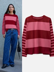 Nöista Color Block Striped T Shirt. Fall Winter, Casual, College, Back To School, Everyday. - Red - View 1
